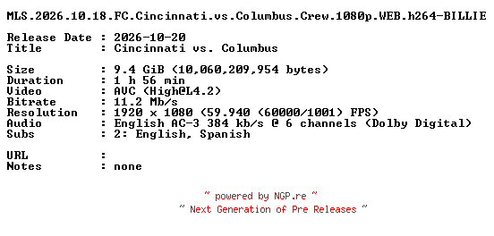 NFO for the release MLS.2026.10.18.FC.Cincinnati.vs.Columbus.Crew.1080p.WEB.h264-BILLIE by BILLIE