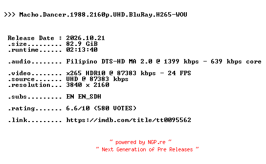 NFO for the release Macho.Dancer.1988.2160p.UHD.BluRay.H265-WOU by WOU