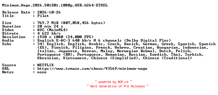 NFO for the release Minimum.Wage.2026.S01E01.1080p.WEB.h264-ETHEL by ETHEL