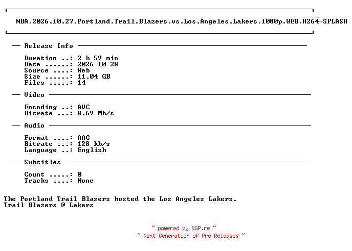 NFO for the release NBA.2026.10.27.Portland.Trail.Blazers.vs.Los.Angeles.Lakers.1080p.WEB.H264-SPLASH by SPLASH