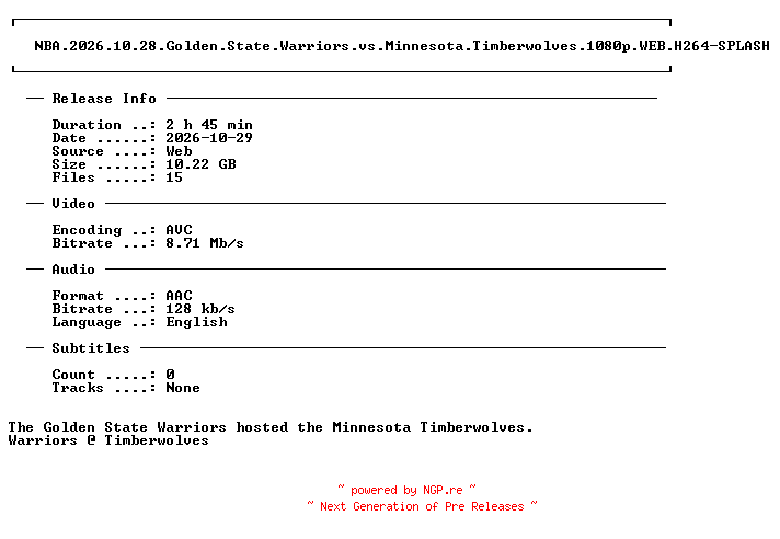 NFO for the release NBA.2026.10.28.Golden.State.Warriors.vs.Minnesota.Timberwolves.1080p.WEB.H264-SPLASH by SPLASH