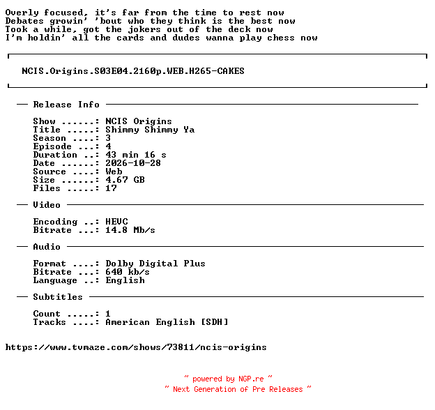 NFO for the release NCIS.Origins.S03E04.2160p.WEB.H265-CAKES by CAKES