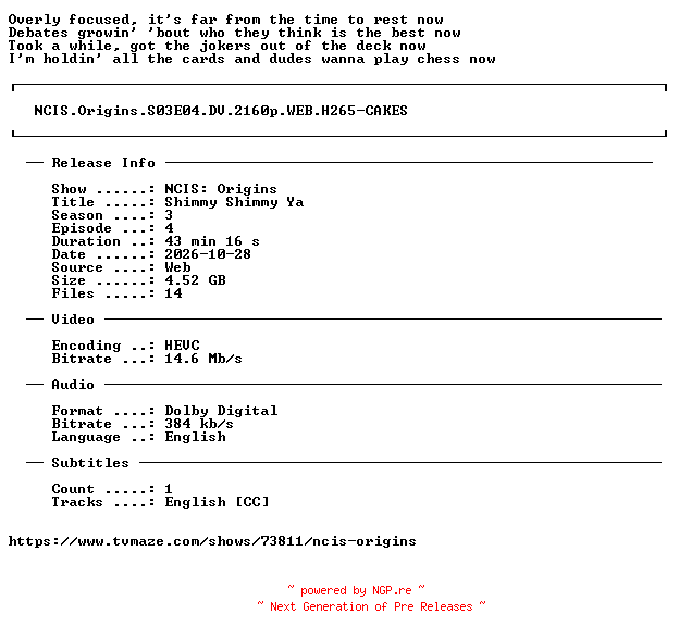 NFO for the release NCIS.Origins.S03E04.DV.2160p.WEB.H265-CAKES by CAKES