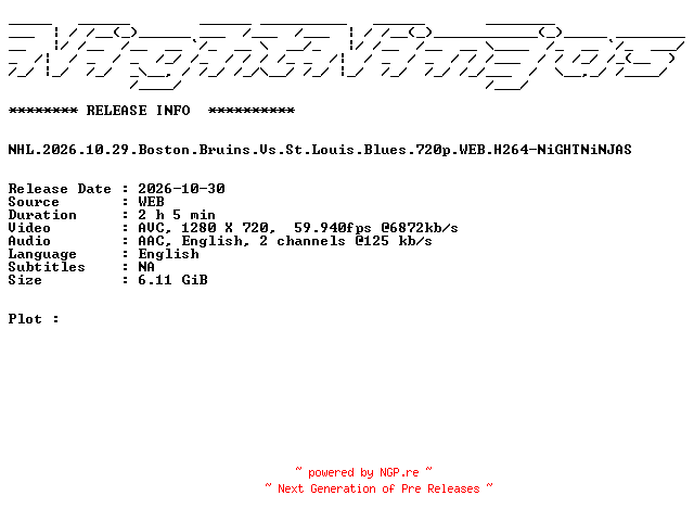 NFO for the release NHL.2026.10.29.Boston.Bruins.Vs.St.Louis.Blues.720p.WEB.H264-NiGHTNiNJAS by NiGHTNiNJAS