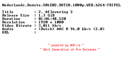 NFO for the release Nederlands.Domste.S01E02.DUTCH.1080p.WEB.h264-TRIPEL by TRIPEL