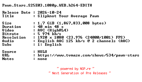 NFO for the release Pawn.Stars.S25E03.1080p.WEB.h264-EDITH by EDITH
