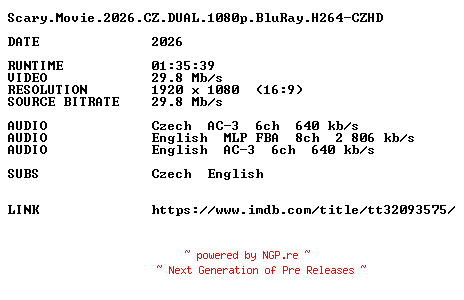 NFO for the release Scary.Movie.2026.CZ.DUAL.1080p.BluRay.H264-CZHD by CZHD