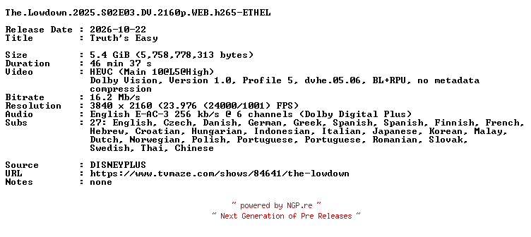 NFO for the release The.Lowdown.2025.S02E03.DV.2160p.WEB.h265-ETHEL by ETHEL