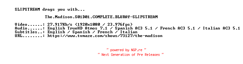 NFO for the release The.Madison.S01D01.COMPLETE.BLURAY-SLIPSTREAM by SLIPSTREAM