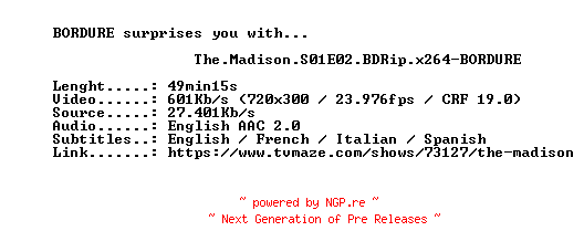 NFO for the release The.Madison.S01E02.BDRip.x264-BORDURE by BORDURE