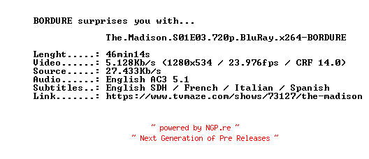 NFO for the release The.Madison.S01E03.720p.BluRay.x264-BORDURE by BORDURE