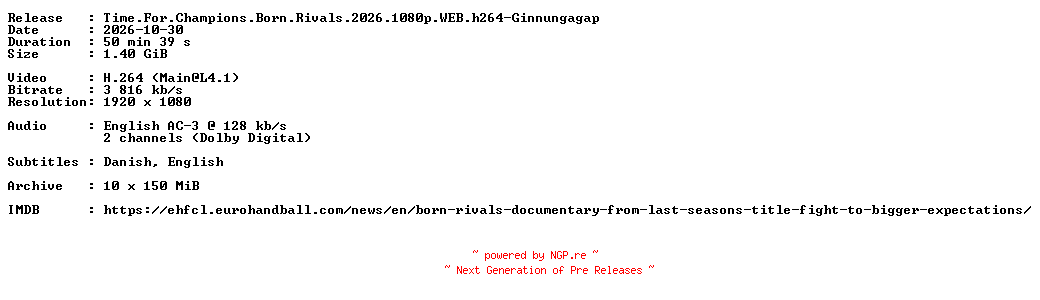 NFO for the release Time.For.Champions.Born.Rivals.2026.1080p.WEB.h264-Ginnungagap by Ginnungagap