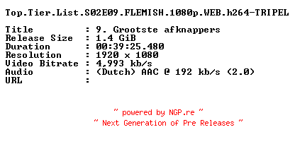 NFO for the release Top.Tier.List.S02E09.FLEMISH.1080p.WEB.h264-TRIPEL by TRIPEL