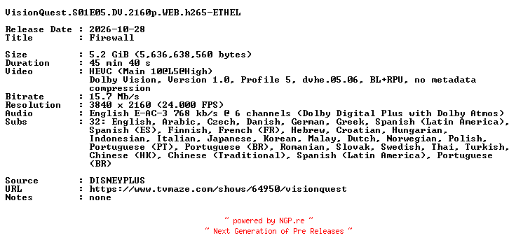 NFO for the release VisionQuest.S01E05.DV.2160p.WEB.h265-ETHEL by ETHEL