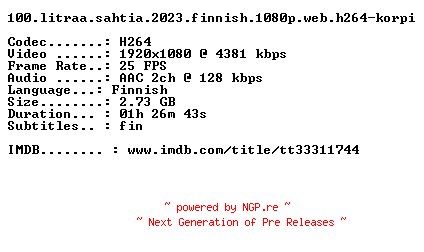 NFO for the release 100.Litraa.Sahtia.2023.FiNNiSH.1080p.WEB.H264-KORPI by KORPI