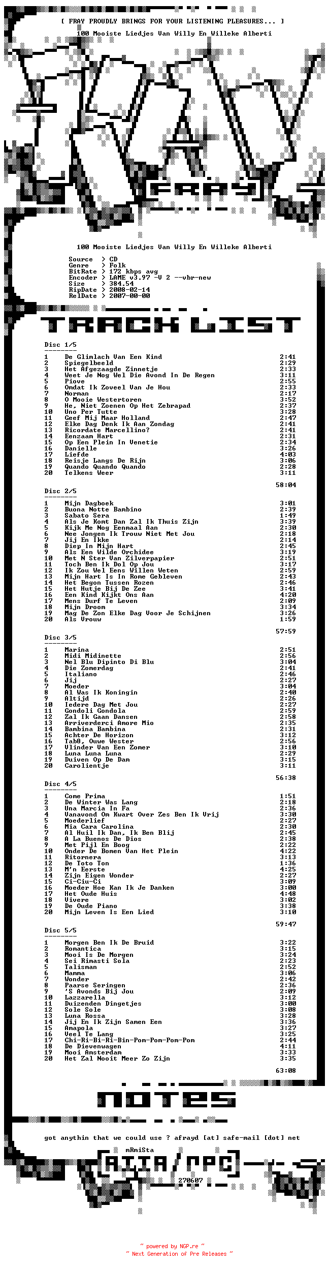 NFO for the release 100_Mooiste_Liedjes_Van_Willy_En_Willeke_Alberti-NL-5CD-2007-FRAY by FRAY