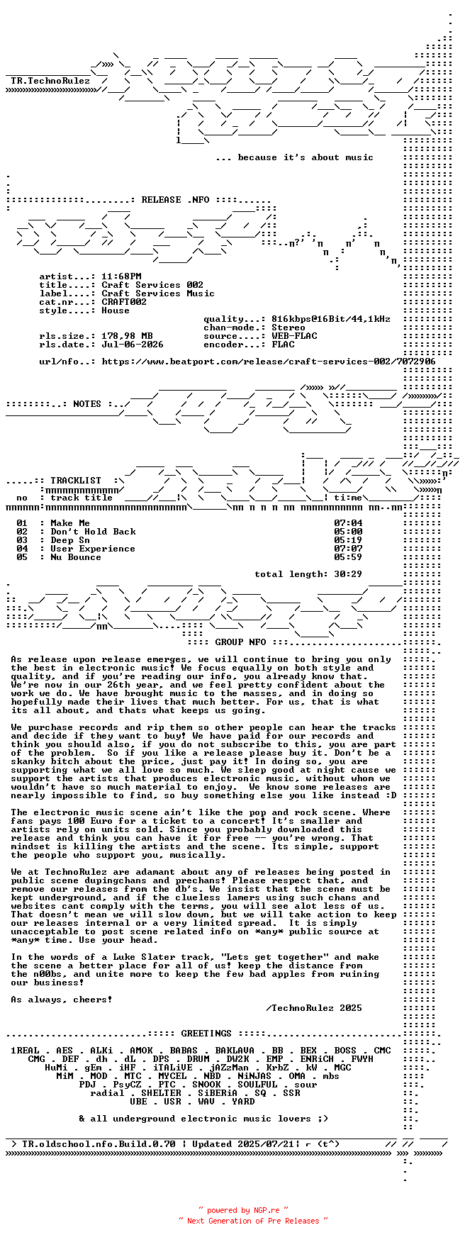 NFO for the release 1168PM-Craft_Services_002-(CRAFT002)-16BIT-WEB-FLAC-2026-TR by TR