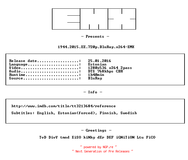 NFO for the release 1944.2015.EE.720p.BluRay.x264-EMX by EMX