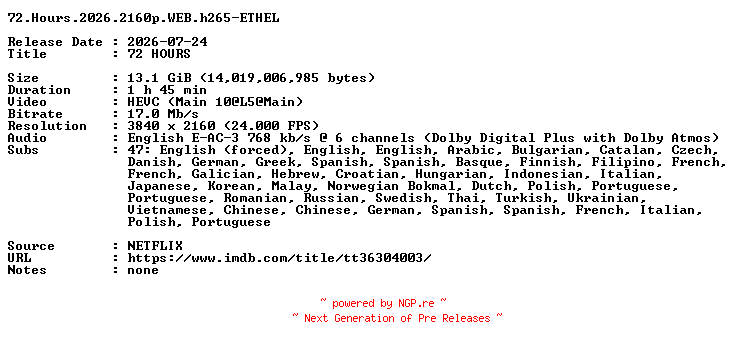 NFO for the release 72.Hours.2026.2160p.WEB.h265-ETHEL by ETHEL