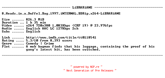 NFO for the release 8.Heads.in.a.Duffel.Bag.1997.iNTERNAL.BDRip.x264-LiBRARiANS by LiBRARiANS