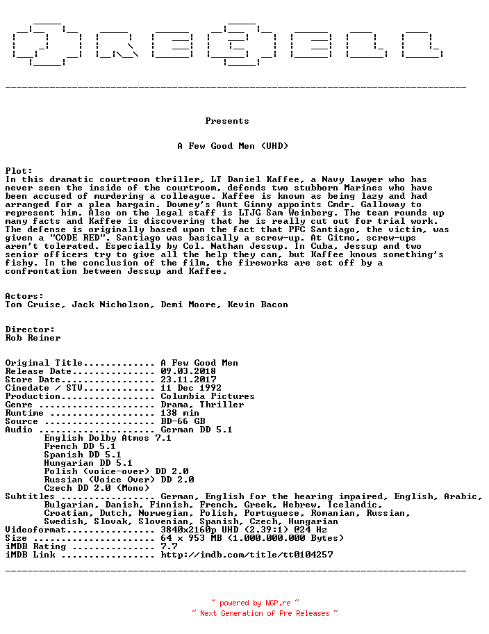 NFO for the release A.Few.Good.Men.1992.MULTi.COMPLETE.UHD.BLURAY-PRECELL by PRECELL