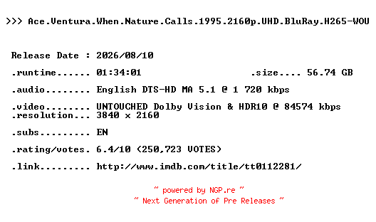NFO for the release Ace.Ventura.When.Nature.Calls.1995.2160p.UHD.BluRay.H265-WOU by WOU