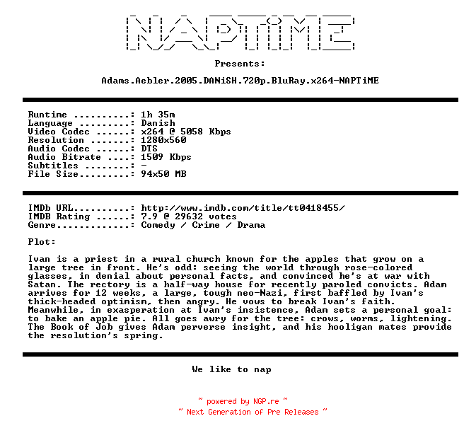 NFO for the release Adams.Aebler.2005.DANiSH.720p.BluRay.x264-NAPTiME by NAPTiME