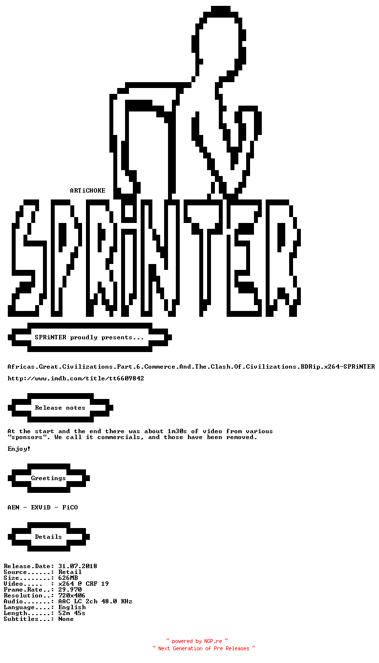 NFO for the release Africas.Great.Civilizations.Part.6.Commerce.And.The.Clash.Of.Civilizations.BDRip.x264-SPRiNTER by SPRiNTER