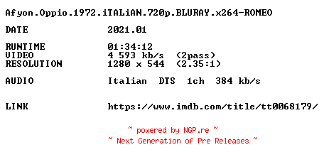 NFO for the release Afyon.Oppio.1972.iTALiAN.720p.BLURAY.x264-ROMEO by ROMEO