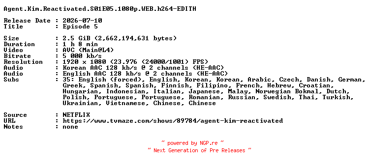 NFO for the release Agent.Kim.Reactivated.S01E05.1080p.WEB.h264-EDITH by EDITH
