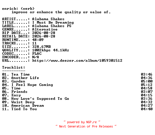 NFO for the release Alabama_Shakes-I_Must_Be_Dreaming-16BIT-WEB-FLAC-2026-ENRiCH by ENRiCH