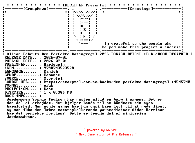 NFO for the release Alison.Roberts.Den.Perfekte.Datingregel.2026.DANiSH.RETAiL.ePub.eBOOK-DECiPHER by DECiPHER