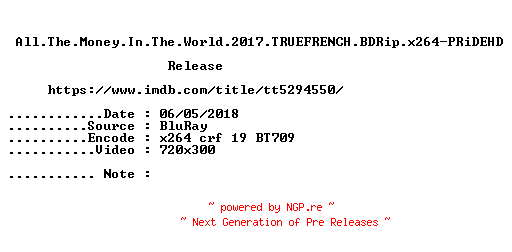 NFO for the release All.The.Money.In.The.World.2017.TRUEFRENCH.BDRip.x264-PRiDEHD by PRiDEHD
