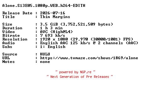 NFO for the release Alone.S13E05.1080p.WEB.h264-EDITH by EDITH