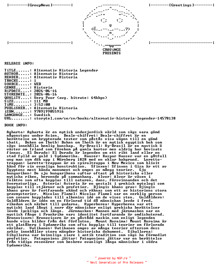 NFO for the release Alternativ_Historia_-_Alternativ_Historia_Legender-AUDiOBOOK-WEB-SE-2026-CRAViNGS_iNT by CRAViNGS_iNT