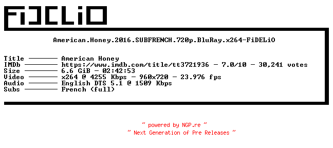 NFO for the release American.Honey.2016.SUBFRENCH.720p.BluRay.x264-FiDELiO by FiDELiO