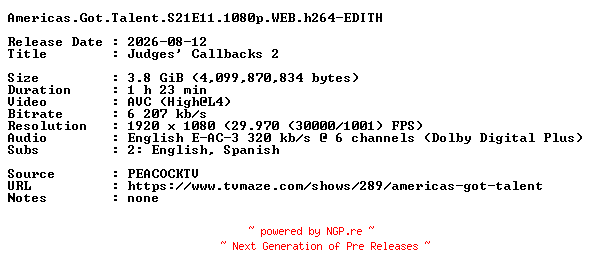 NFO for the release Americas.Got.Talent.S21E11.1080p.WEB.h264-EDITH by EDITH