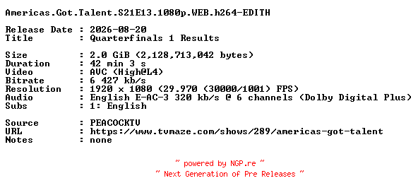 NFO for the release Americas.Got.Talent.S21E13.1080p.WEB.h264-EDITH by EDITH