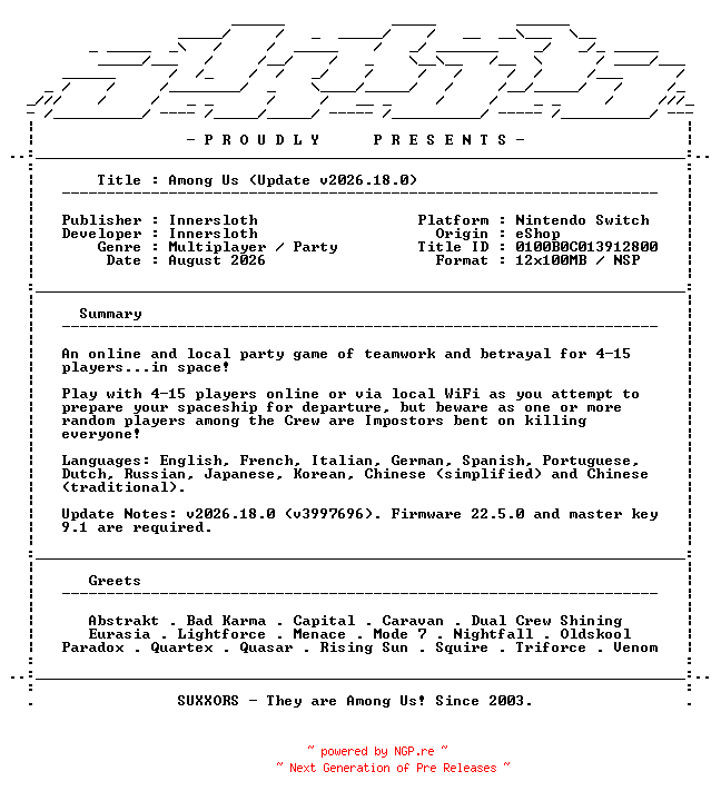 NFO for the release Among_Us_Update_v2026.18.0_NSW-SUXXORS by SUXXORS