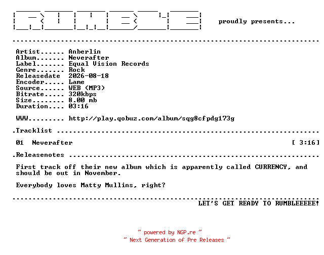 NFO for the release Anberlin-Neverafter-SINGLE-(WEB)-2026-RUMBLE by RUMBLE