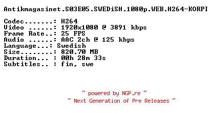 NFO for the release Antikmagasinet.S03E05.SWEDiSH.1080p.WEB.H264-KORPI by KORPI