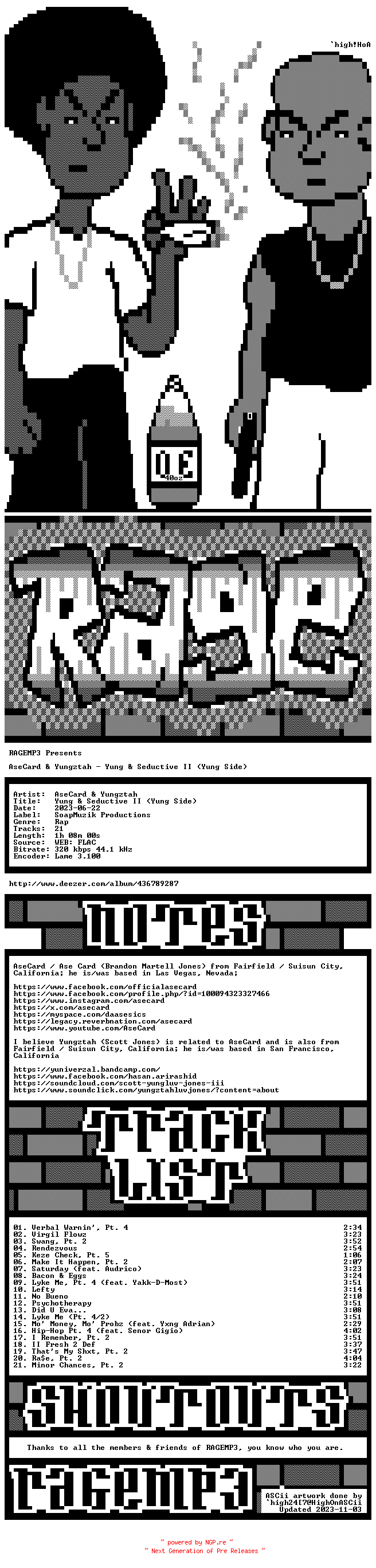 NFO for the release AseCard_And_Yungztah-Yung_And_Seductive_II_(Yung_Side)-WEB-2023-RAGEMP3 by RAGEMP3