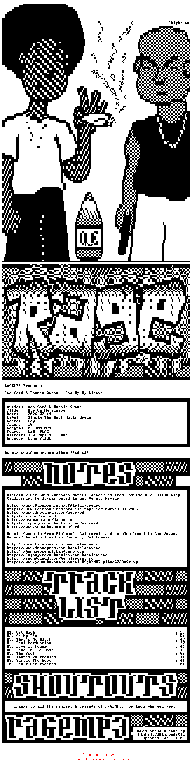 NFO for the release Ase_Card_And_Bennie_Owens-Ase_Up_My_Sleeve-WEB-2026-RAGEMP3 by RAGEMP3