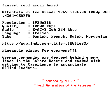 NFO for the release Attentato.Ai.Tre.Grandi.1967.iTALiAN.1080p.WEB.H264-GRAPPA by GRAPPA