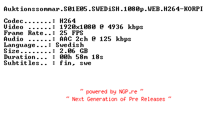 NFO for the release Auktionssommar.S01E05.SWEDiSH.1080p.WEB.H264-KORPI by KORPI