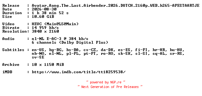NFO for the release Avatar.Aang.The.Last.Airbender.2026.DUTCH.2160p.WEB.h265-APESTAARTJE by APESTAARTJE