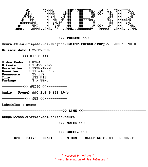 NFO for the release Azuro.Et.La.Brigade.Des.Dragons.S01E47.FRENCH.1080p.WEB.H264-AMB3R by AMB3R