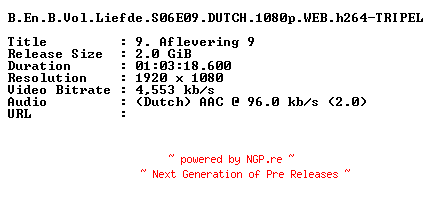 NFO for the release B.En.B.Vol.Liefde.S06E09.DUTCH.1080p.WEB.h264-TRIPEL by TRIPEL