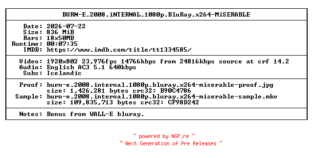 NFO for the release BURN-E.2008.iNTERNAL.1080p.BluRay.x264-MiSERABLE by MiSERABLE