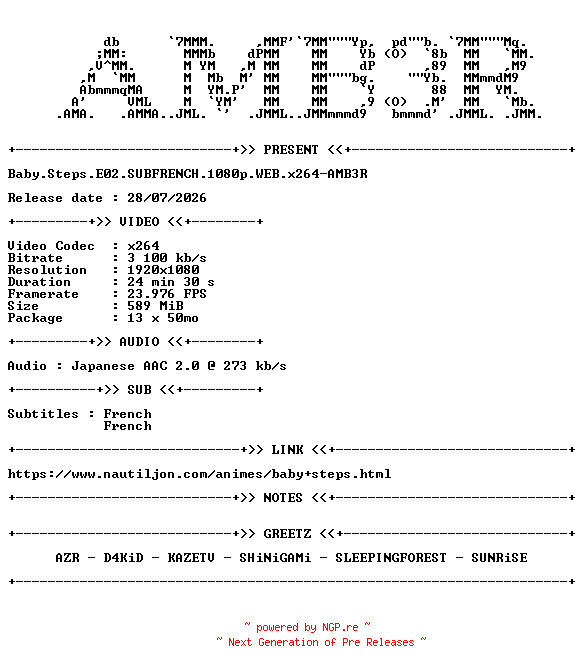 NFO for the release Baby.Steps.E02.SUBFRENCH.1080p.WEB.x264-AMB3R by AMB3R